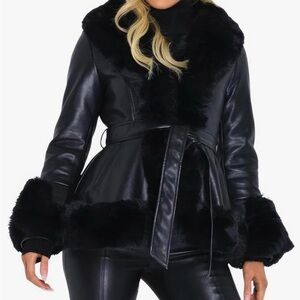 Women's Black Fur Leather Trim Jacket